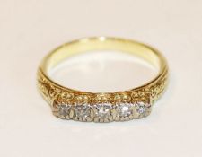 14 k Gelbgold Ring mit 5 in Weißgold gefaßten Diamanten, 4,33 gr., Gr. 56
