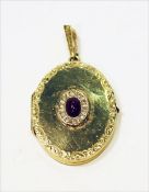 14 k Gelbgold Medaillon-Anhänger mit Rubin-Cabochon und Diamantkranz, aufklappbar für 2 Fotos, 7,9