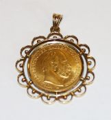 Münzanhänger, 20 Mark Wilhelm Deutscher Kaiser König von Preussen, 1887, 21 ct. Gold in 18 k