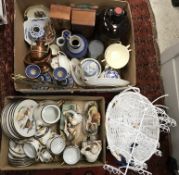 Two boxes of assorted china wares to include a pair of Wedgwood Jasperware candlesticks,