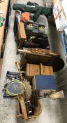 Four boxes of various tools etc together with two sewing boxes, a basket containing sundry hooks,