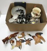 A collection of various sporting china wares etc including a pair of Royal Worcester wall masks of