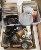 A box of sundry items to include various wooden carved African figures, plated three piece tea set,
