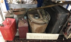 A collection of vintage Jerry cans to include Shell and Esso, a coopered barrel/coal bucket,