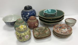 A collection of Chinese and Japanese porcelain including a prunus blossom blue and white ginger jar
