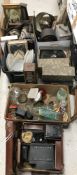 Four boxes of sundry items to includ pewter plates, Esso jerry can, assorted china wares, barometer,