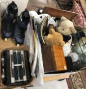 A box of assorted sundry items to include a modern Steiff teddy bear,