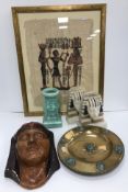 A collection of Egyptian/Egyptian influenced items including a painted papyrus panel with figure