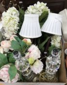 A box containing a pair of modern glass table lamps with pale green shades,
