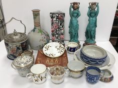 A box of various Continental and English china wares including a pair of turquoise glazed figural