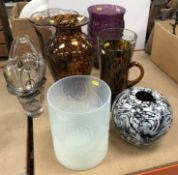 A Lalique style opalescent cyclindrical vase with faceted fruit decoration 22.5 cm high x 17.