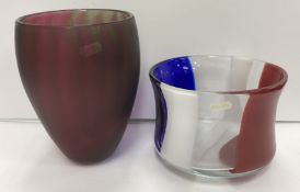 A Rebecca Morgan frosted glass green and red striped vase, 22 cm high,