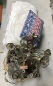 A box containing a small quantity of bedding etc to include a quilt together with a basket