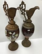 A pair of circa 1900 gold painted metal mounted French milk glass ornamental ewers 58cm high (2)