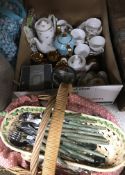 A box of china to include a Wade coffee set with blue body and gilt interior,