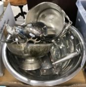 A pair of modern silver Peter Piper salt and pepper mills together with large stainless steel bowl,