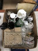 A box containing a piquot ware tea set, pair of carnival glass type vases,