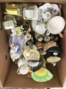 A box of various china wares to include Royal Doulton golfer character jug,