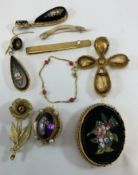 A collection of various yellow metal and gold mounted jewellery including a pair of Pietra Dura