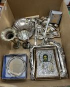 A collection of plated wares to include various cutlery, a dish in the Art Nouveau manner,