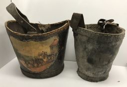 A 19th Century leather covered fire bucket with painted shield shaped panel depicting a coach and