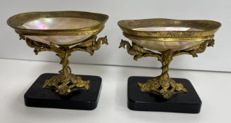 A pair of late 19th Century Continental gilt metal and shell sweetmeat dishes,