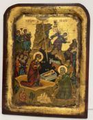 A modern painted wooden icon depicting the nativity scene with gold highlights, 42 cm x 32.