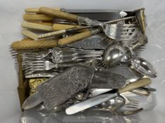 A box of assorted plated cutlery, together with a 19th Century corkscrew,