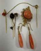 A collection of various gold and filigree work and other jewellery including a pair of coral