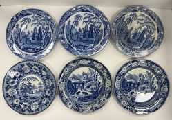 A collection of various blue and white plates including a Rogers (circa 1810-15) 