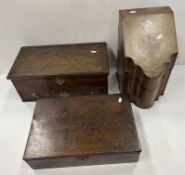 A late George III mahogany and barber pole banded serpentine fronted slope top knife box,