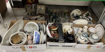 Six boxes of assorted decorative china and glassware to include various vintage bottles,