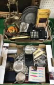 Two boxes of sundry metal wares to include inkstand, pewter plates, wine funnels, etc.