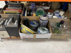 Four boxes of assorted sundry china and glassware to include two pottery tureens with fish