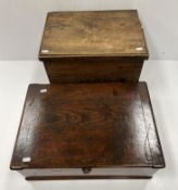 A late 19th Century elm rectangular lidded box with iron carrying handles,