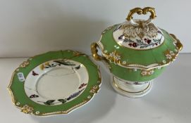 An early 19th Century Derby sauce tureen, green banded and gilt decorated,