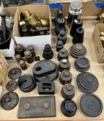 A collection of various cast iron and brass weights to include a 10 kg chrome plated cylindrical
