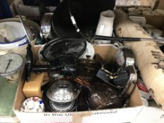 Three boxes of assorted sundry household items to include clocks, china, kitchen items,