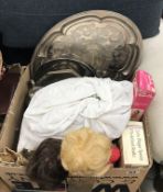 Three boxes of assorted sundry clocks, toys, a Hohner accordion, baskets,