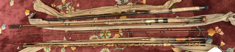 A circa 1900 Hardy Greenheart rod, three piece with lock fast joints,