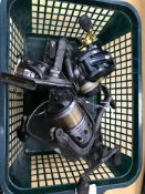 A collection of six various reels including a Howlin Hog, a Stratos FS10000,