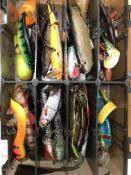 A box containing a large quantity of various pike and other floats and lures including a Fox Mini