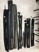Seven named rods including a John Wilson Rovex Avon Quiver Deluxe 11-13' three piece rod,