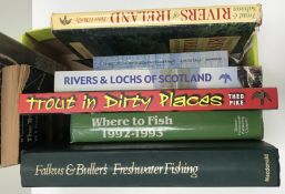 A box of various fishing equipment including floats, hooks, line,