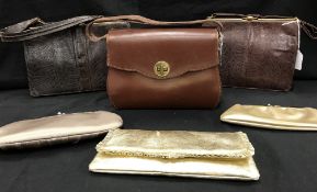 A collection of handbags to include a dark brown 1950s lizard skin bag by Riviera Bags,