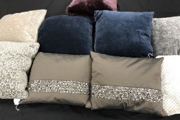 Twelve cushions of varying designs to include beaded, sequinned,