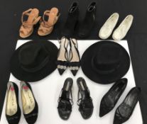 A box containing seven pairs of ladies shoes comprising one pair of Manolo Blahnik strapped shoes