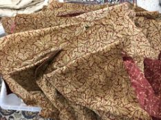 Two boxes of furnishing fabric for re-purposing including red and gold chenille, cream damask,