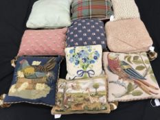Ten cushions of varying styles to include gros and petit point examples (2 boxes)