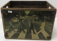 A wooden twin-handled box / storage container with Beatles image depicting them crossing Abbey Road,